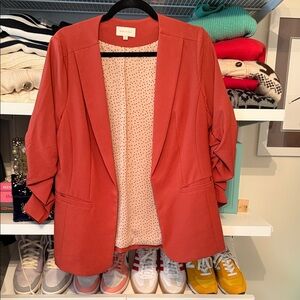 Skies Are Blue Rust-Orange Open Front Polka Dot Lined Blazer